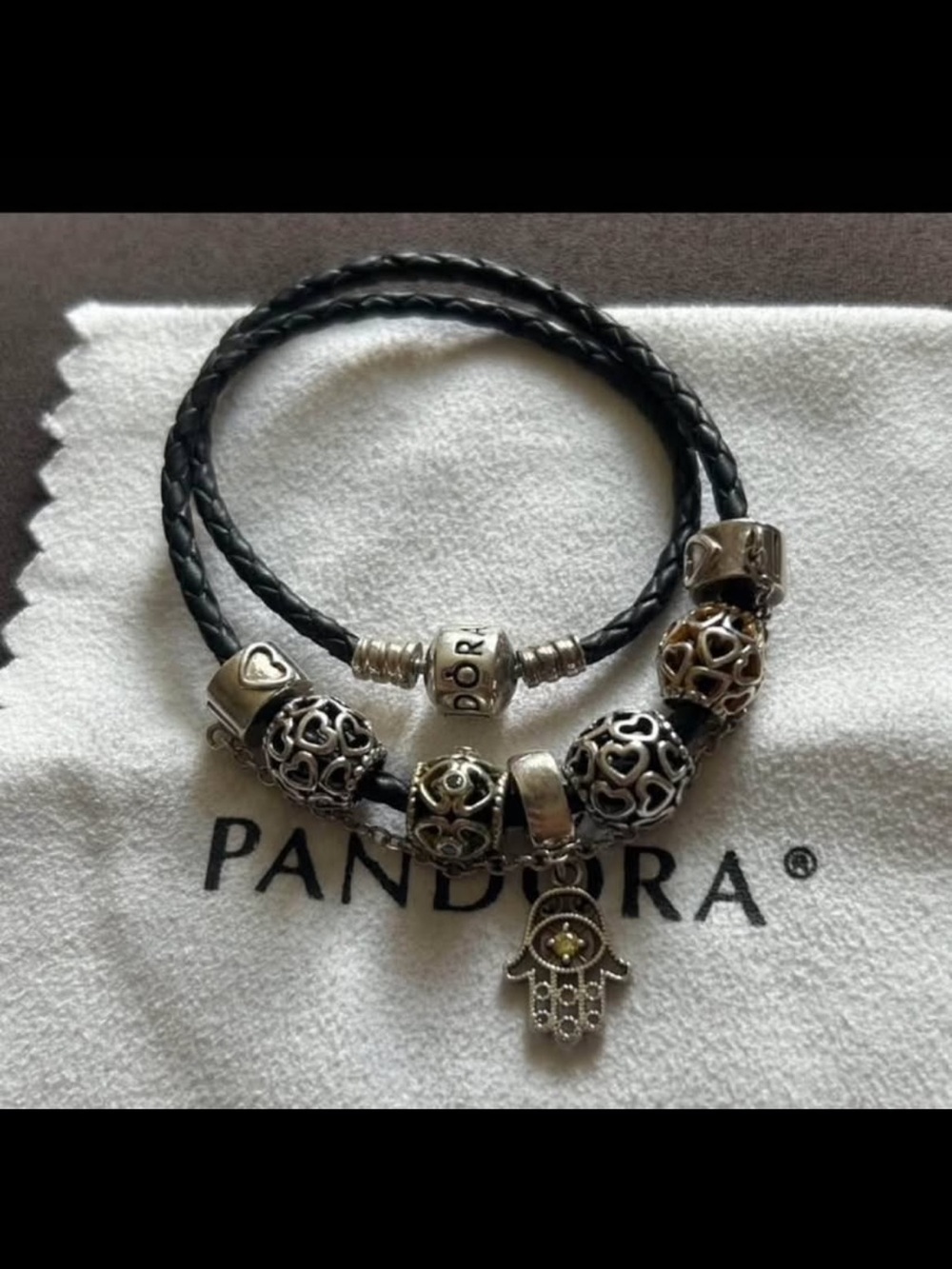 Pandora leather double wrap bracelet with charms